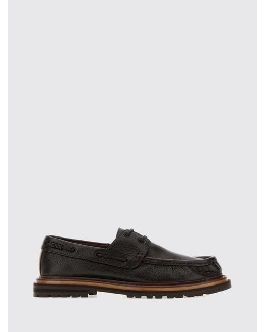 Fendi White Pequin Hammered Calfskin Boat Shoes With Logo for men