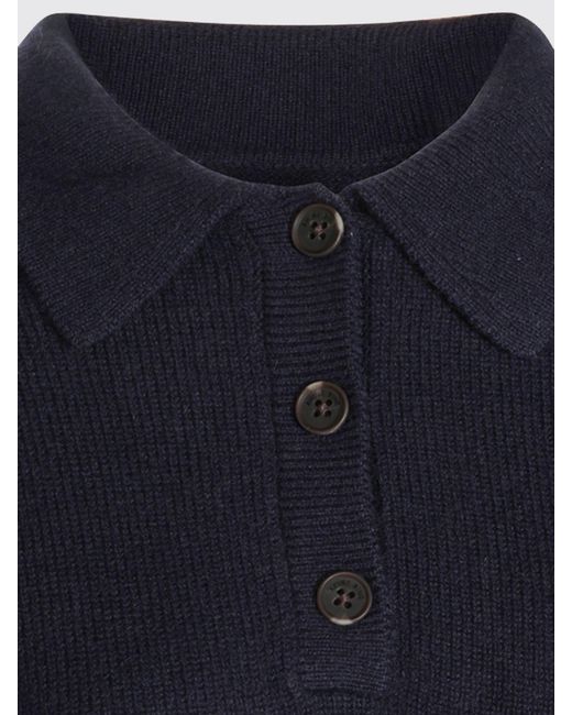 Anine Bing Blue Long-Sleeved 100% Cashmere Knit Polo Shirt With Dropped Shoulders