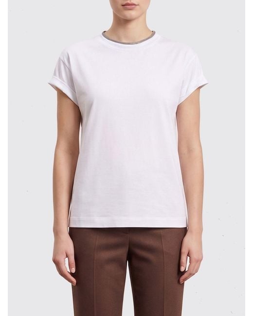 Brunello Cucinelli White Short-Sleeved Cotton T-Shirt With Monili Embroidery