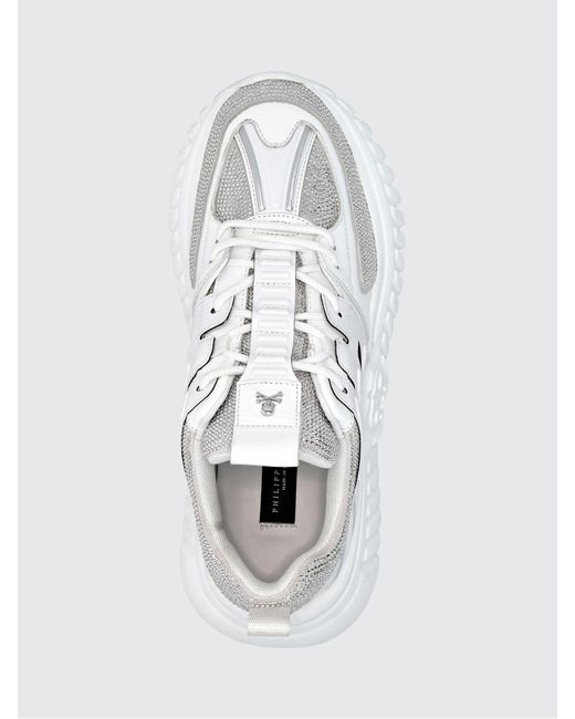 Philipp Plein White Leather Low-Top Sneakers With Rhinestones And Hexagon Logo for men