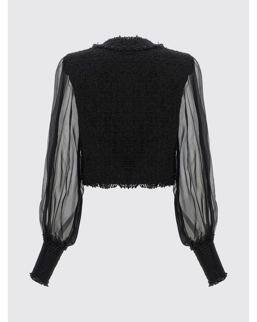 Balmain Black Cropped Tweed Spencer Jacket With Puff Sleeves And Frayed Details
