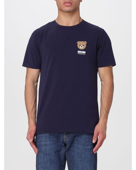 Moschino Blue Teddy Bear Print Cotton T-Shirt With Logo for men