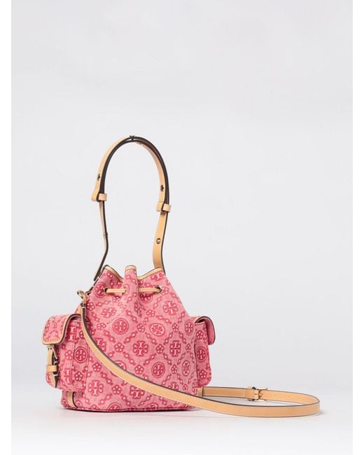 Tory Burch Pink T Monogram Jacquard Denim Mini Bucket Bag