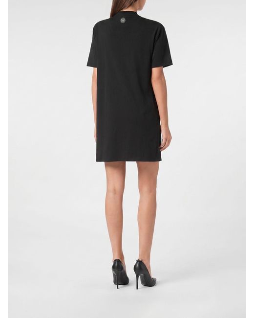Philipp Plein Black Cotton Jersey T-Shirt Dress With Crystals