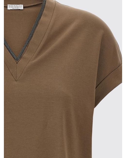 Brunello Cucinelli Brown Cotton V-Neck T-Shirt With Monili Embellishment