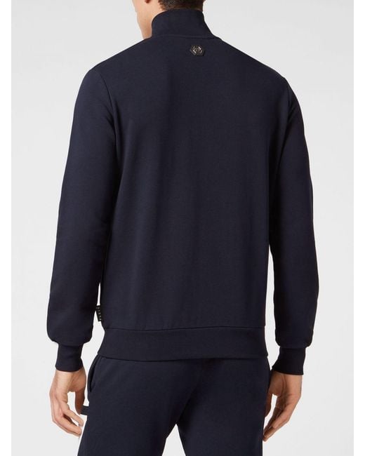 Philipp Plein Blue Cotton Zip-Up Sweatshirt With High Neck And Monogram Hexagon Logo for men