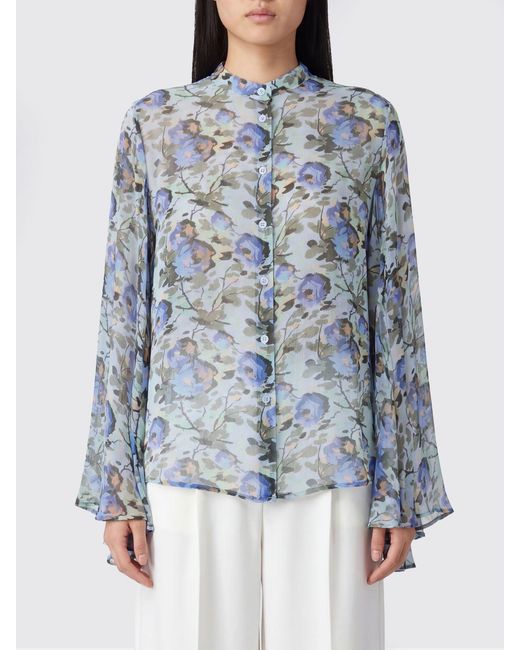 Semicouture Blue Floral Viscose Shirt With Mandarin Collar
