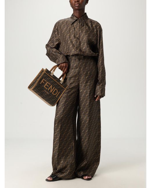 Fendi Brown Silk Trousers With Monogram Motif