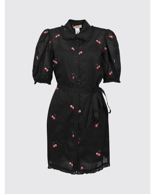 Twinset Black Ramie Chemisier Dress With Embroidery