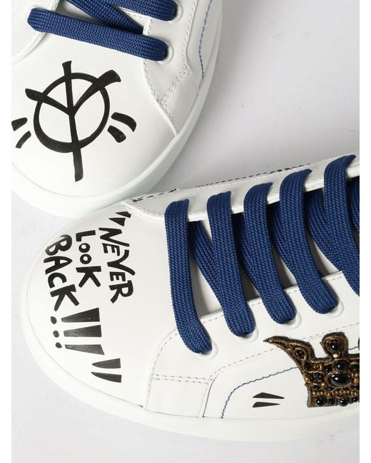 Dolce & Gabbana White Dolce &Amp Gabbana Portofino Leather Sneakers With Applications And Slogan for men