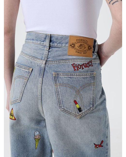 Fiorucci Blue Printed Denim Wide Leg Jeans