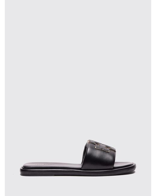 Tory Burch White Double T Sport Smooth Leather Slide Sandals With Logo