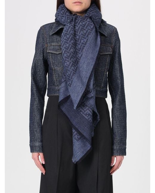 Fendi Blue Ff Cotton And Wool Blend Jacquard Shawl