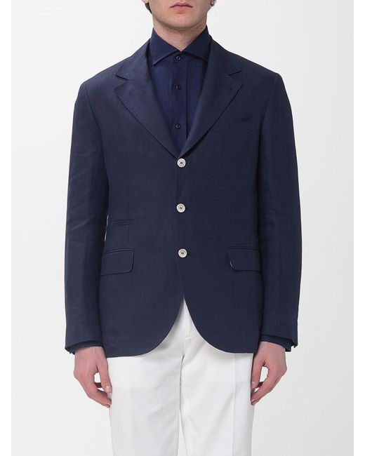 Brunello Cucinelli Blue Single Breasted Linen Blazer for men