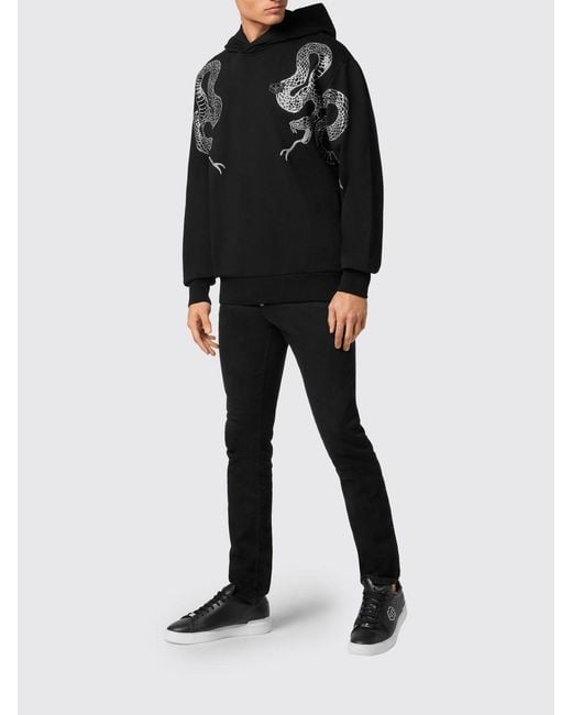 Philipp Plein Black Cotton Hoodie With Snake Embroidery And Rhinestones for men