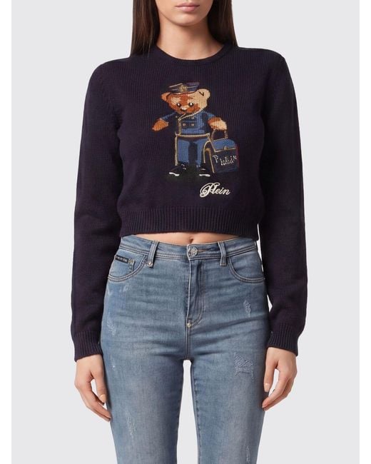 Philipp Plein Blue Slim Fit Cotton Crewneck Jumper With Jacquard Teddy Bear Print