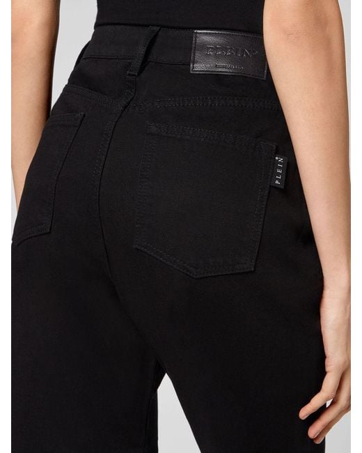 Philipp Plein Black High-Waisted Wide Leg Cropped Stretch Denim Jeans