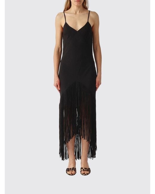 Pinko Black Viscose Blend Midi Dress With Fringes
