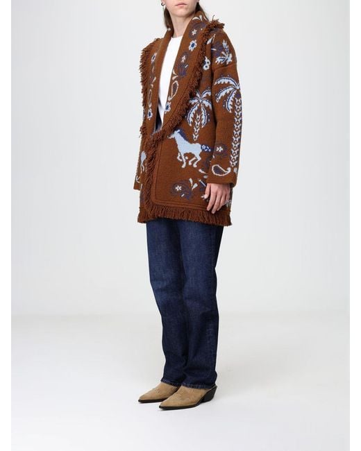 Alanui Blue Jacquard Wool And Cashmere Blend Cardigan With Fringed Trim And Belt