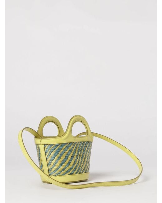 Marni Blue Tropicalia Mini Raffia And Leather Bag With Embroidered Logo