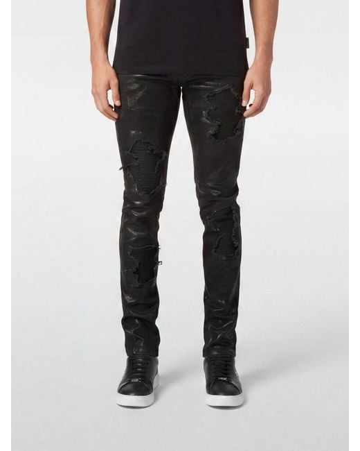 Philipp Plein Black Rock Star Skinny Fit Distressed Denim Jeans With Zip Details for men