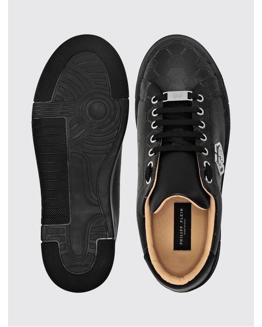 Philipp Plein Black Low-Top Leather Sneakers With Rhinestone Hexagon Logo for men