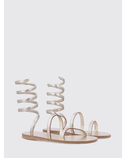 Ancient Greek Sandals White Laminated Leather Sandals With Snake Ankle Strap