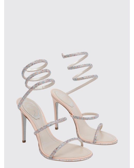 Rene Caovilla White Cleo Fabric Sandals With Rhinestones And Spiral Snake Strap