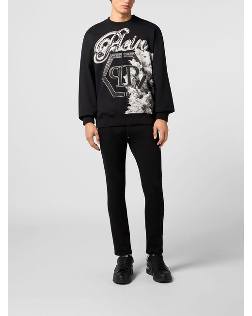 Philipp Plein Black Cotton Crewneck Sweatshirt With Graphic Print And Hexagon Logo for men