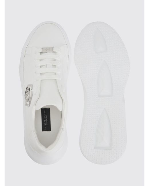 Philipp Plein White Low-Top Leather Sneakers With Hexagon Logo And Platform Sole for men