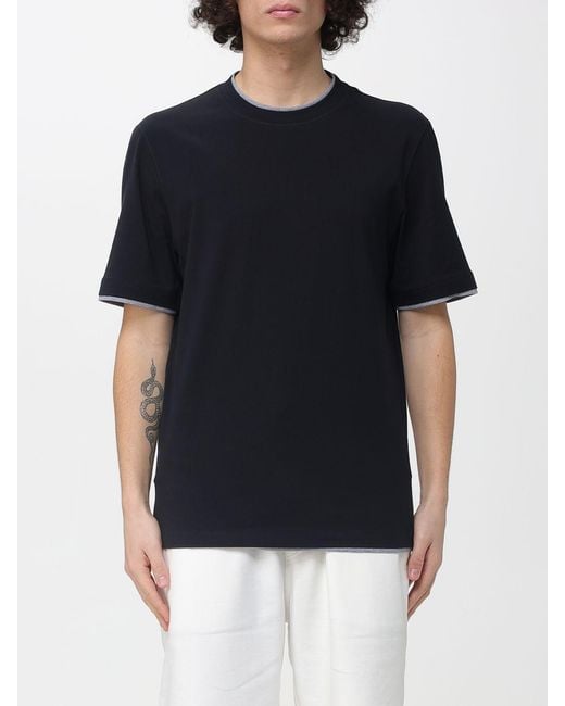 Brunello Cucinelli Black Cotton Crew-Neck T-Shirt With Contrasts for men
