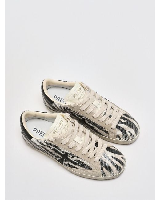 Premiata White Stevend Leather And Glitter Sneakers