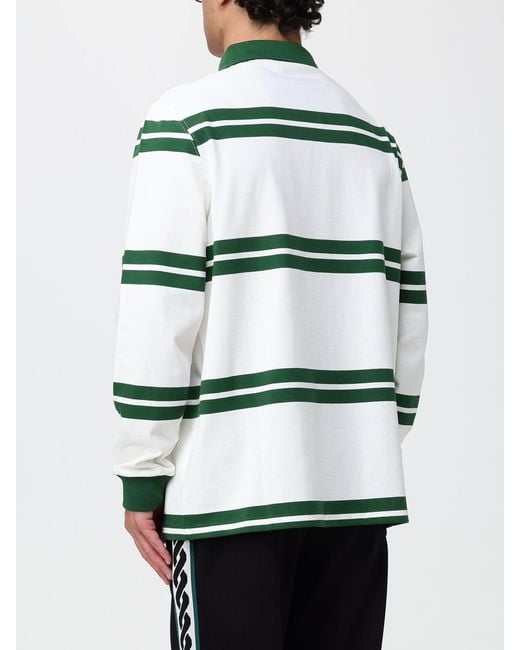 Drole de Monsieur Green Striped Long-Sleeve Cotton Polo Shirt With Logo for men