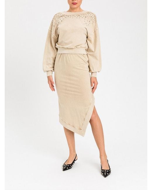 Twinset Natural Cotton Cropped Sweatshirt With Rhinestones