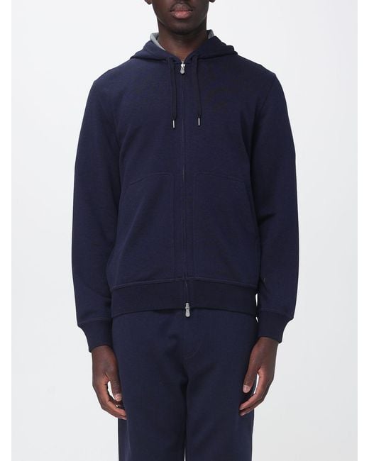 Brunello Cucinelli Blue Full-Zip Cotton Hoodie With Drawstring for men
