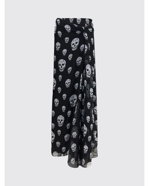 McQueen Black Asymmetrical Draped Silk Maxi Skirt With All-Over Skull Print