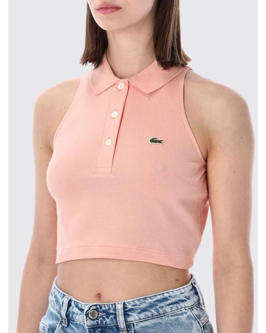 Lacoste Blue Cropped Stretch Cotton Polo Top With Classic Collar
