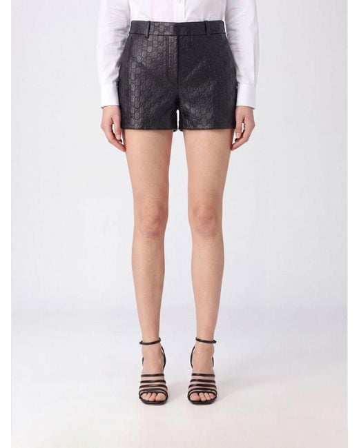 Gucci Black Gg Monogram Lambskin Leather Shorts With Mid-Rise Waist