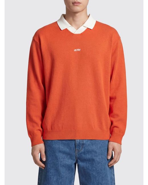 Autry Orange Relaxed Fit Long-Sleeved Cotton Polo Shirt With Contrast Logo for men