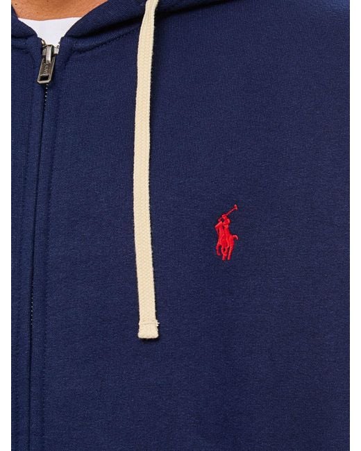 Polo Ralph Lauren Blue Cotton Blend Zip-Up Hoodie With Embroidered Pony Logo for men
