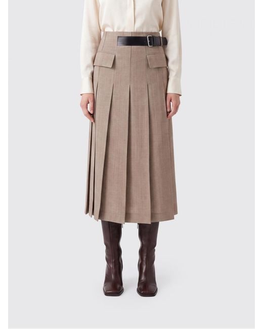 Semicouture Natural Cressida High-Waisted Check Wool Pleated Midi Skirt
