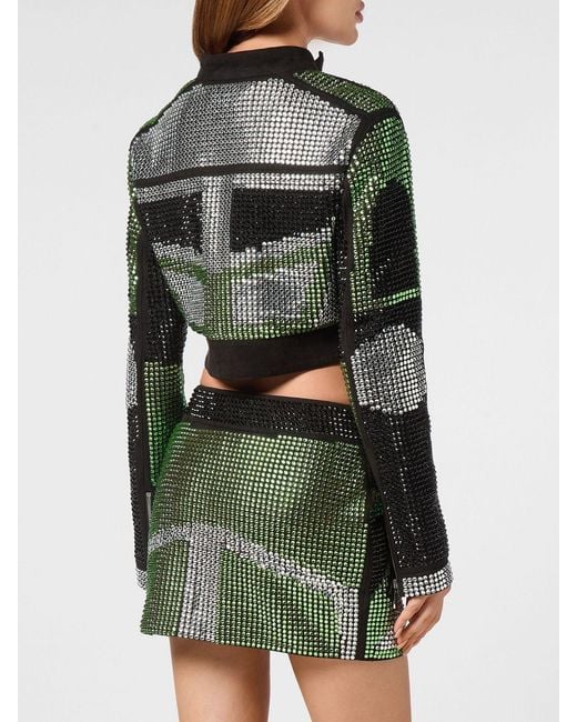 Philipp Plein Green Cropped Suede Biker Jacket With Rhinestones