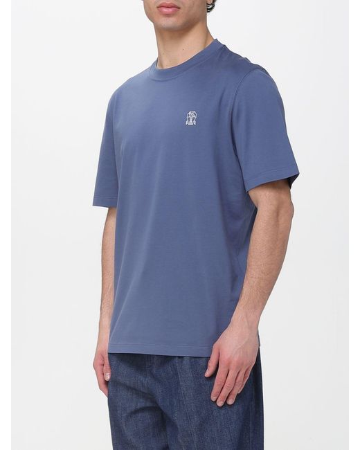 Brunello Cucinelli Blue Cotton T-Shirt With Logo for men
