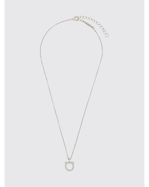 Ferragamo White Tone Brass Necklace With Glass Details