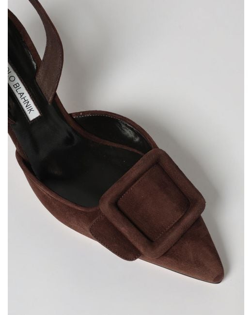 Manolo Blahnik Brown Maysli Suede Slingback Pumps With Decorative Buckle
