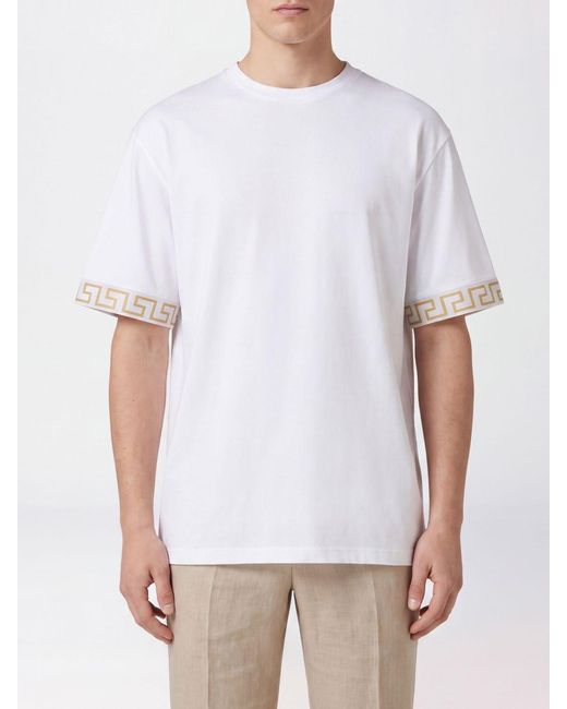 Versace White Nylon T-Shirt With Greca Pattern And Crew Neck for men