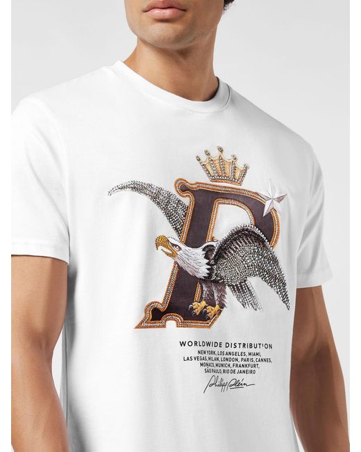 Philipp Plein White Cotton T-Shirt With Logo And Rhinestones for men