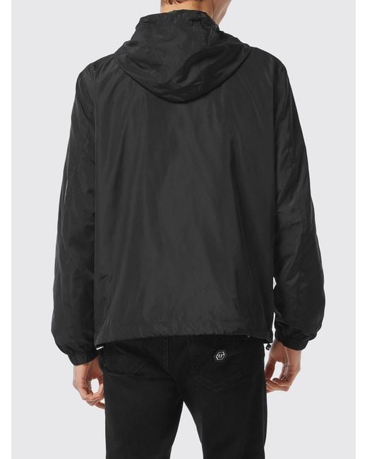Philipp Plein Black Technical Fabric Hooded Windbreaker Jacket With Logo Print for men