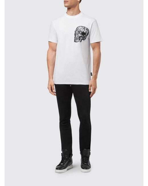 Philipp Plein White Slim Fit Cotton T-Shirt With Monogram Skull Embroidery And Hexagon Logo for men