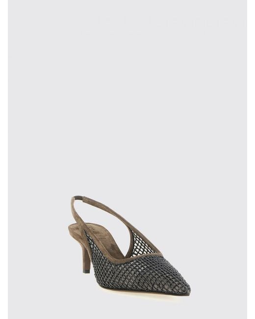 Brunello Cucinelli Brown Suede And Mesh Nylon Slingback Pumps With Monili
